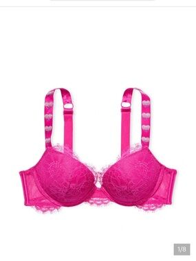 Victoria’s Secret Hot Pink Lace Push-Up Bra Rhinestone Heart Strap 32B